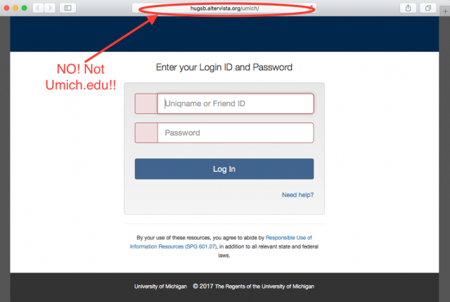 A fake University of Michigan login page is presented by the link.