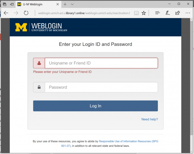 A fake University of Michigan login page is presented by the link.