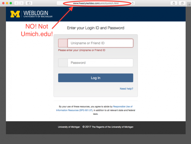 A fake University of Michigan login page is presented by the link. 