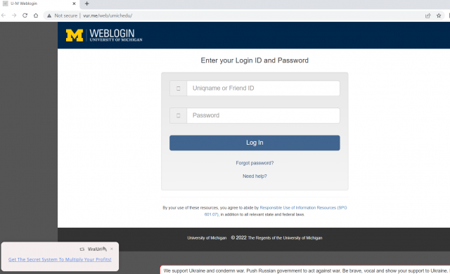 Image of a fake web login page. The page has stolen graphics to make it look like the real thing. You can tell it is a fake by looking at the URL of the page which does not match the real U-M site. The real web login page is: https://weblogin.umich.edu/ .