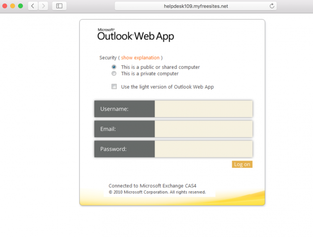 Fake Outlook login page is presented by link. 