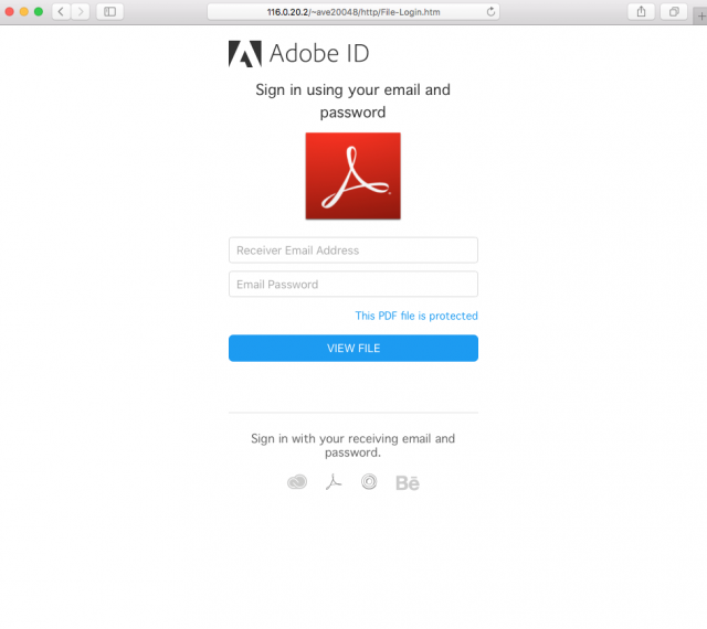 Image of fake Adobe login page.