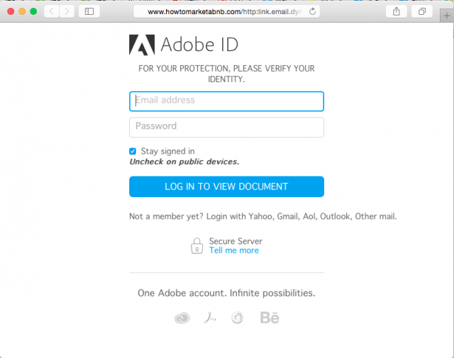 Fake Adobe login page is presented.