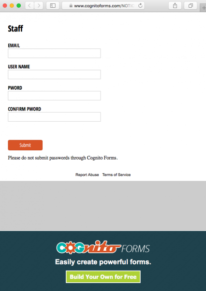 Fake login form is presented by link. 