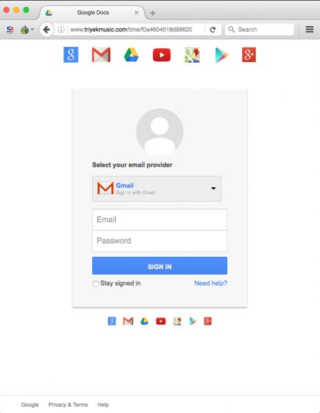Fake Google login page is presented in the message.