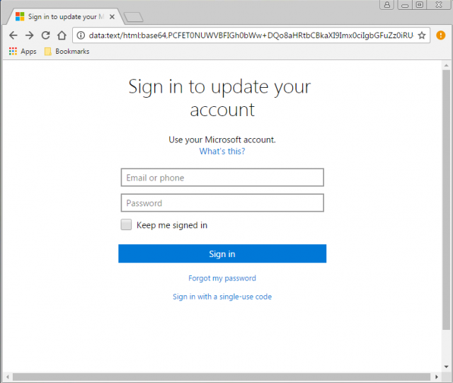 A fake Microsoft login page is presented by the link. 
