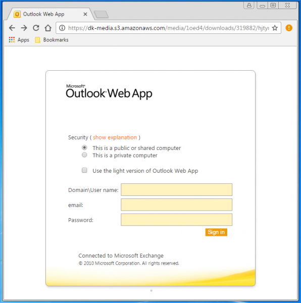 A fake login page is presented by the link. 