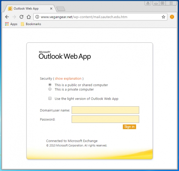 A fake Outlook login page is presented by the link. 