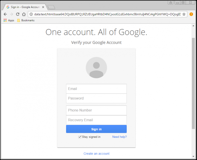 A fake Google login page is presented by the link. 