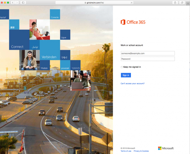 A fake Microsoft login page is presented by the link. 
