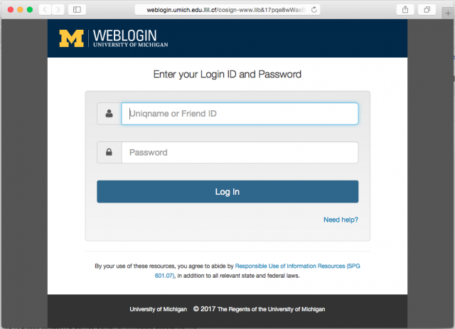 A fake University of Michigan login page is presented by the link.