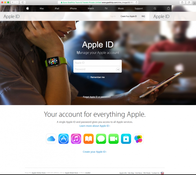 A fake Apple login screen is presented by the link.
