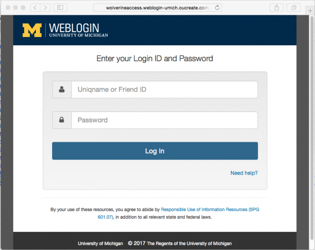 A fake University of Michigan login page is presented by the link. 