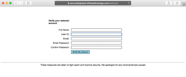 A fake login form is presented by the link. 