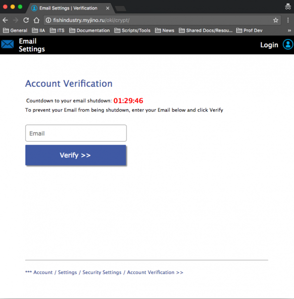 A fake login and verification page is presented by the link. 