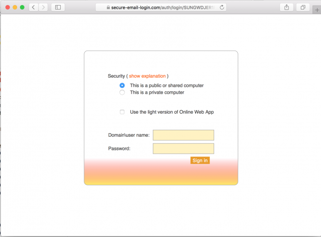 A fake login page is presented by the link. 