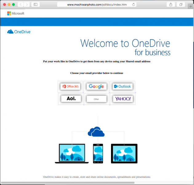 A fake One Drive login is presented by the link in the P D F. 
