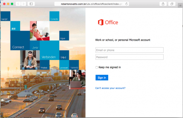 A fake Office login page is presented by the link. 