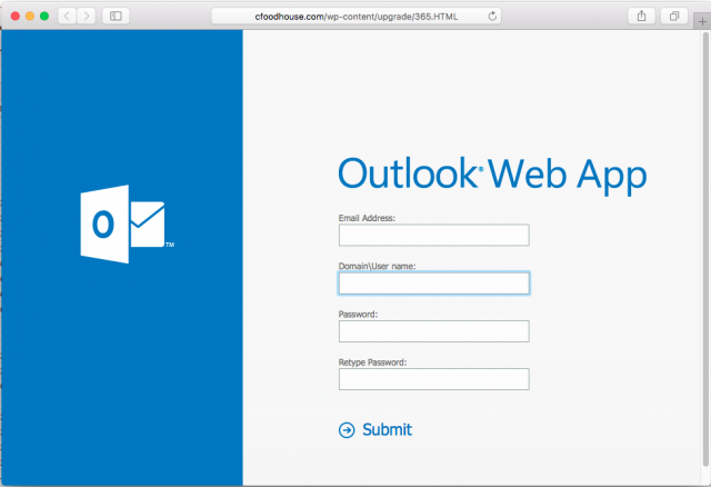 A fake Outlook login page is presented by the link.