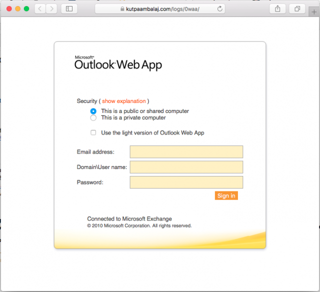 A fake Outlook login page is presented by the link.