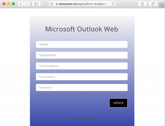 A fake Microsoft Outlook Web login is presented by the link in the phishing email.