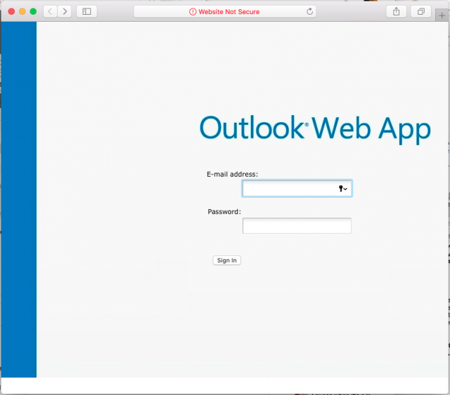 A fake Outlook login page is presented by the link in the phishing email. 