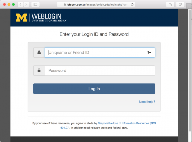 A fake University of Michigan login page is presented by the link in the phishing email.