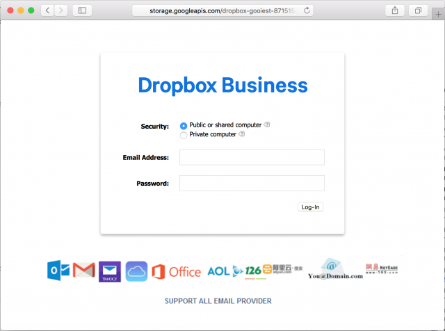 A fake DropBox login page is presented by links in the phishing email.