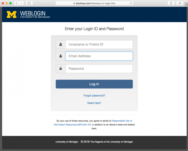 A fake University of Michigan login page is presented by the link in the phishing email.
