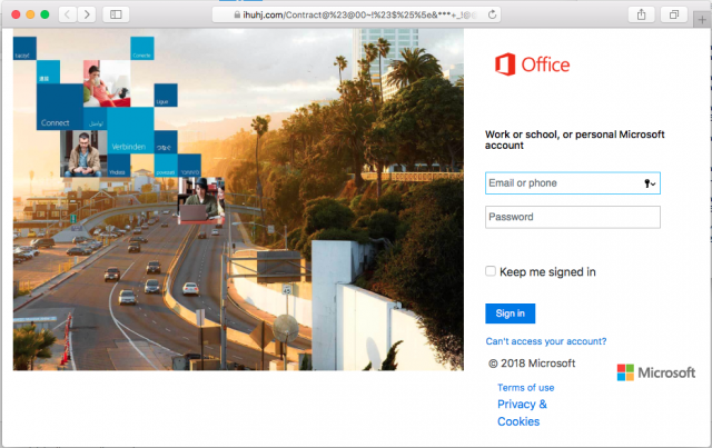 A fake Office 365 login site is presented by the link in the phishing email.