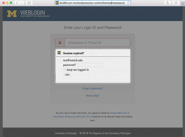 A fake University of Michigan login page with a pop up over it is presented by the link in the phishing email.