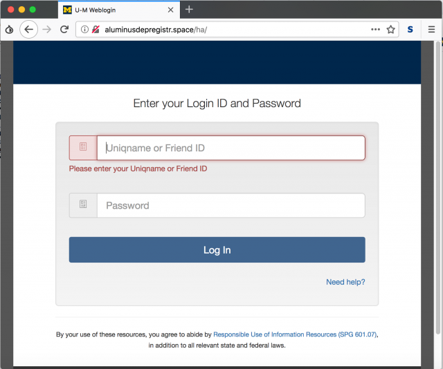 A fake U-M login page is presented by the links in the phishing email. 