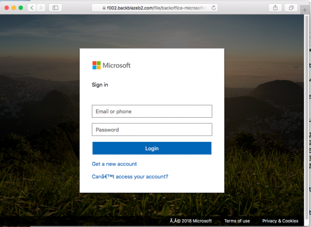 A fake Microsoft login page is presented by the link in the phishing email or a PDF the email links to.