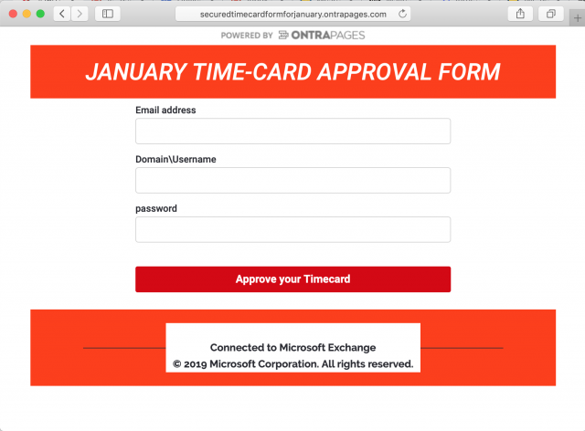 A fake time card login screen is presented by the link in the phishing email.