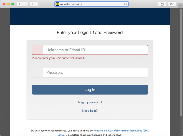 A fake University of Michigan login page is presented by the link in the phishing email.