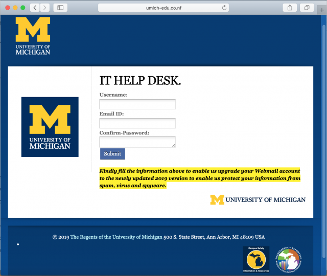 A fake University of Michigan login page is presented by the link in the phishing email.