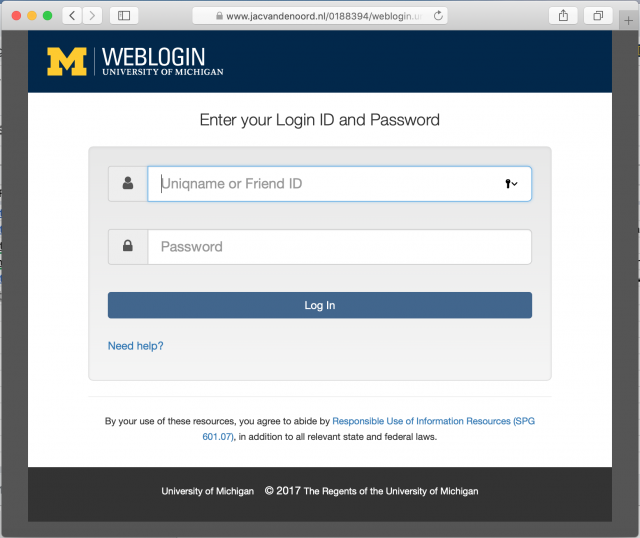 A fake University of Michigan login page is presented by the link in the phishing email. You can tell it is fake by checking the URL.