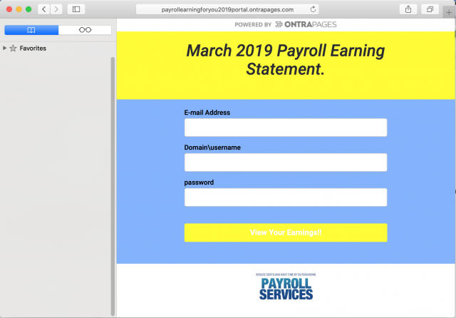 A fake payroll system login page is presented by the link in the phishing email. 