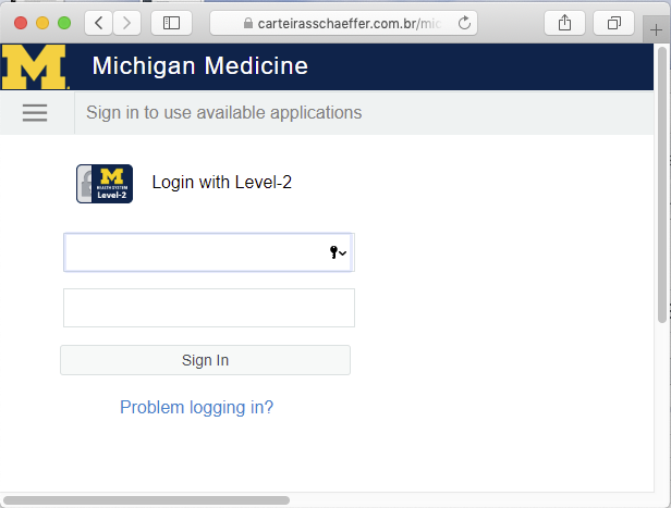 A fake Michigan Medicine login page is presented by the link in the phishing email. The  page has the wrong URL.