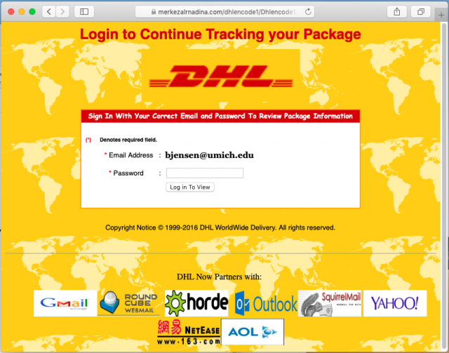 A fake DHL delivery service page is presented by the link in the phishing email.