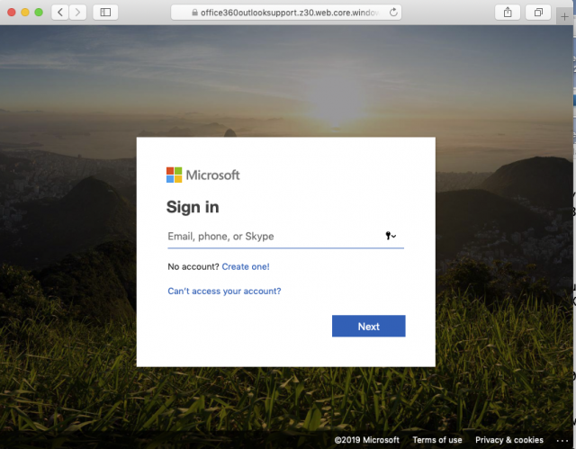 A fake Microsoft Office or Outlook login page is presented by the link in the phishing message.