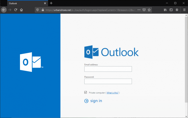 An imitation Microsoft Outlook email login page is show. 