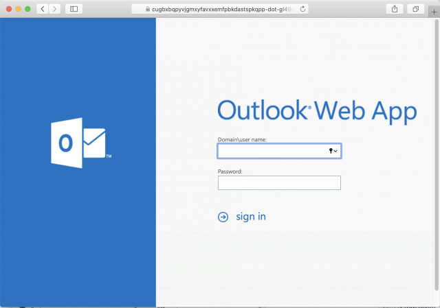 Screenshot of the fake Outlook login page. Always check the URL of a page before logging in.