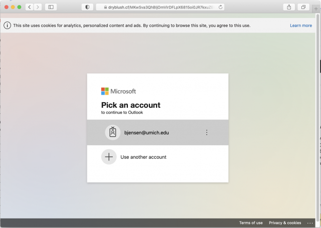 Screenshot: A fake Microsoft login page is presented by the link in the phishing email.