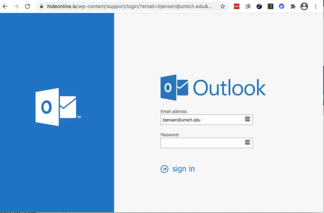 A fake Outlook login page is presented by the link in the phishing email. You can determine it is a fake by the incorrect URL.