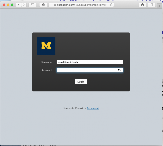 Screen shot of fake login screen. Remember to check the URL before entering your U-M credentials on any page.