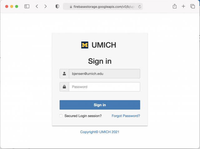 A fake U-M web login page link in the phishing email. Always check the URL before logging in.