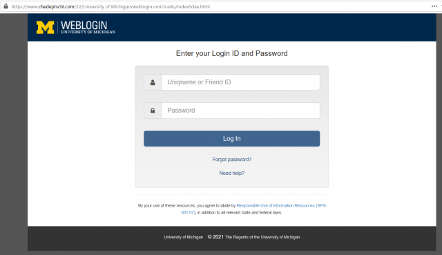 Screen shot of the fake U-M login site linked in the phishing email. Always check the URL of any website before logging in.