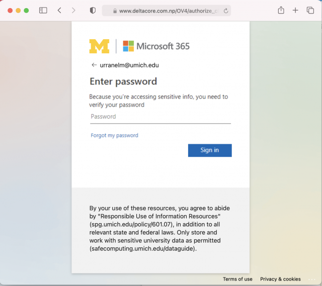 Image of the fake login site linked in the phishing email. Always check the URL of a site before logging with your U-M credentials.