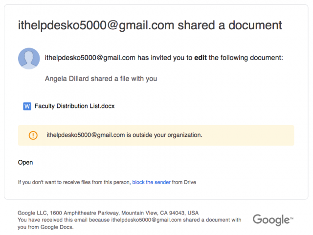 Screen shot of the phishing email.